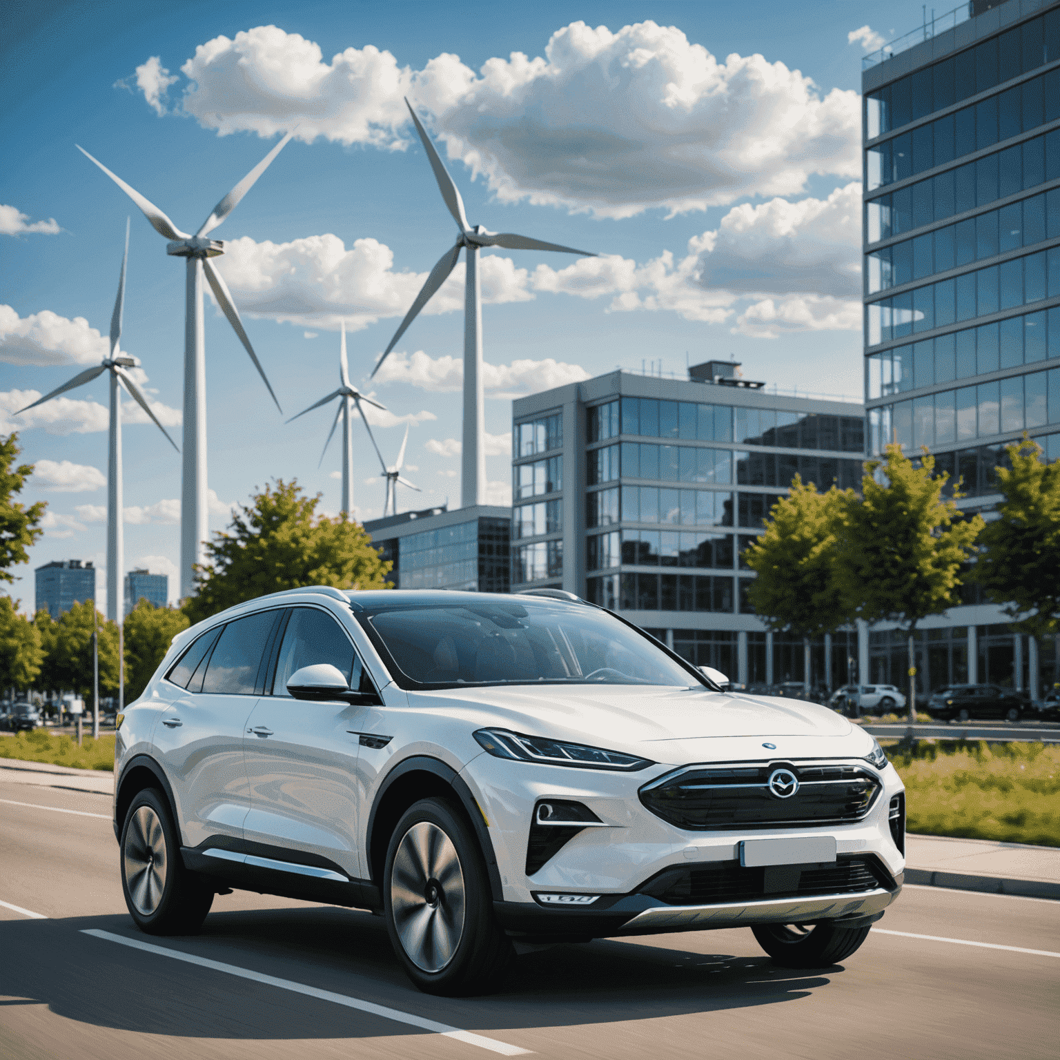 Een moderne elektrische SUV rijdt door een stedelijk landschap met windmolens op de achtergrond, wat de combinatie van stedelijke mobiliteit en duurzame energie symboliseert