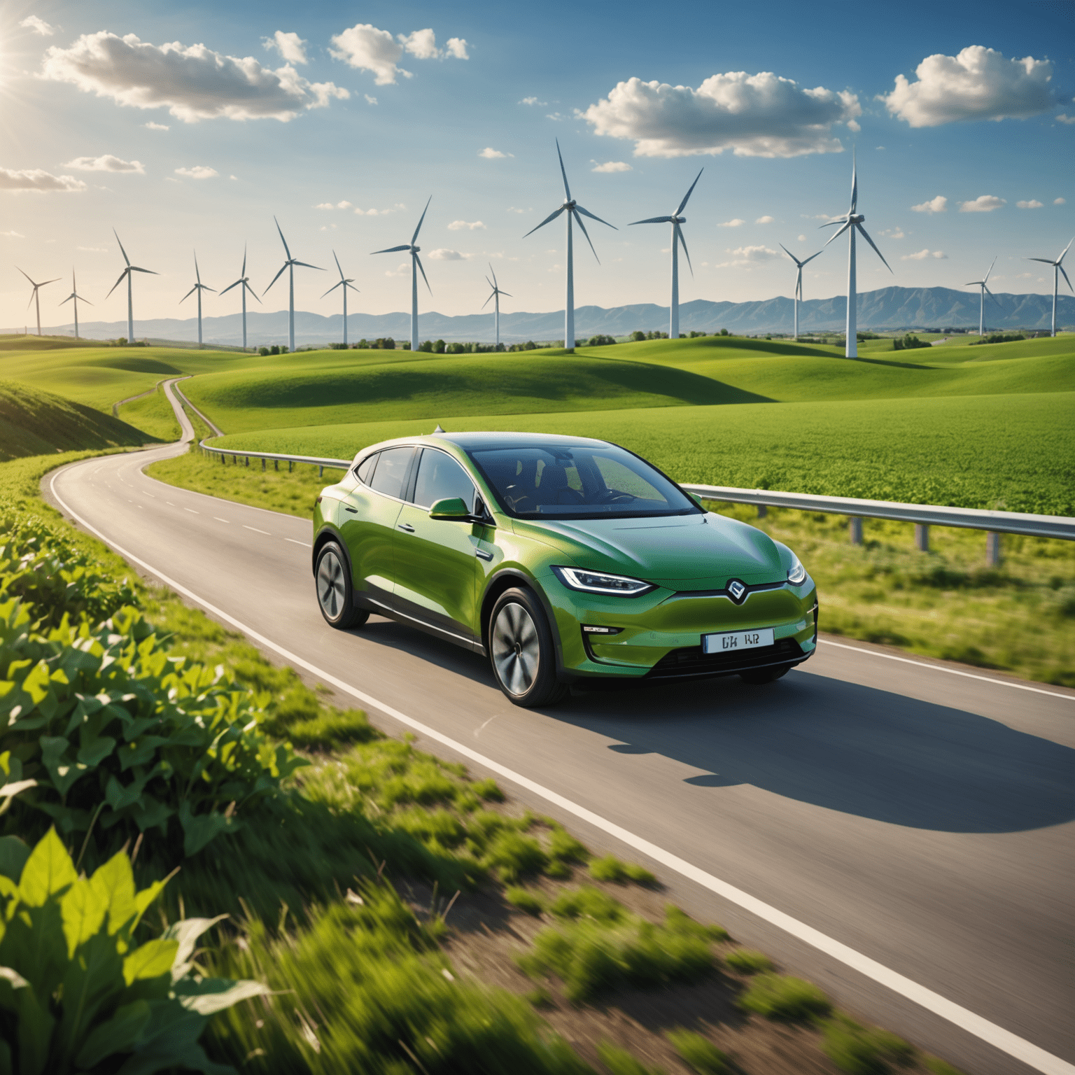 Een moderne elektrische auto rijdt door een groen landschap met windmolens op de achtergrond, wat de synergie tussen duurzame energie en elektrisch vervoer symboliseert