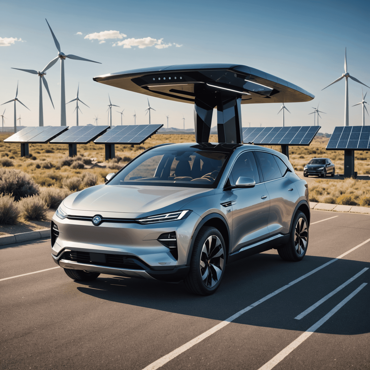 Een futuristisch ogende elektrische SUV bij een geavanceerd laadstation, omringd door zonnepanelen en windturbines, wat de toekomst van duurzame mobiliteit illustreert