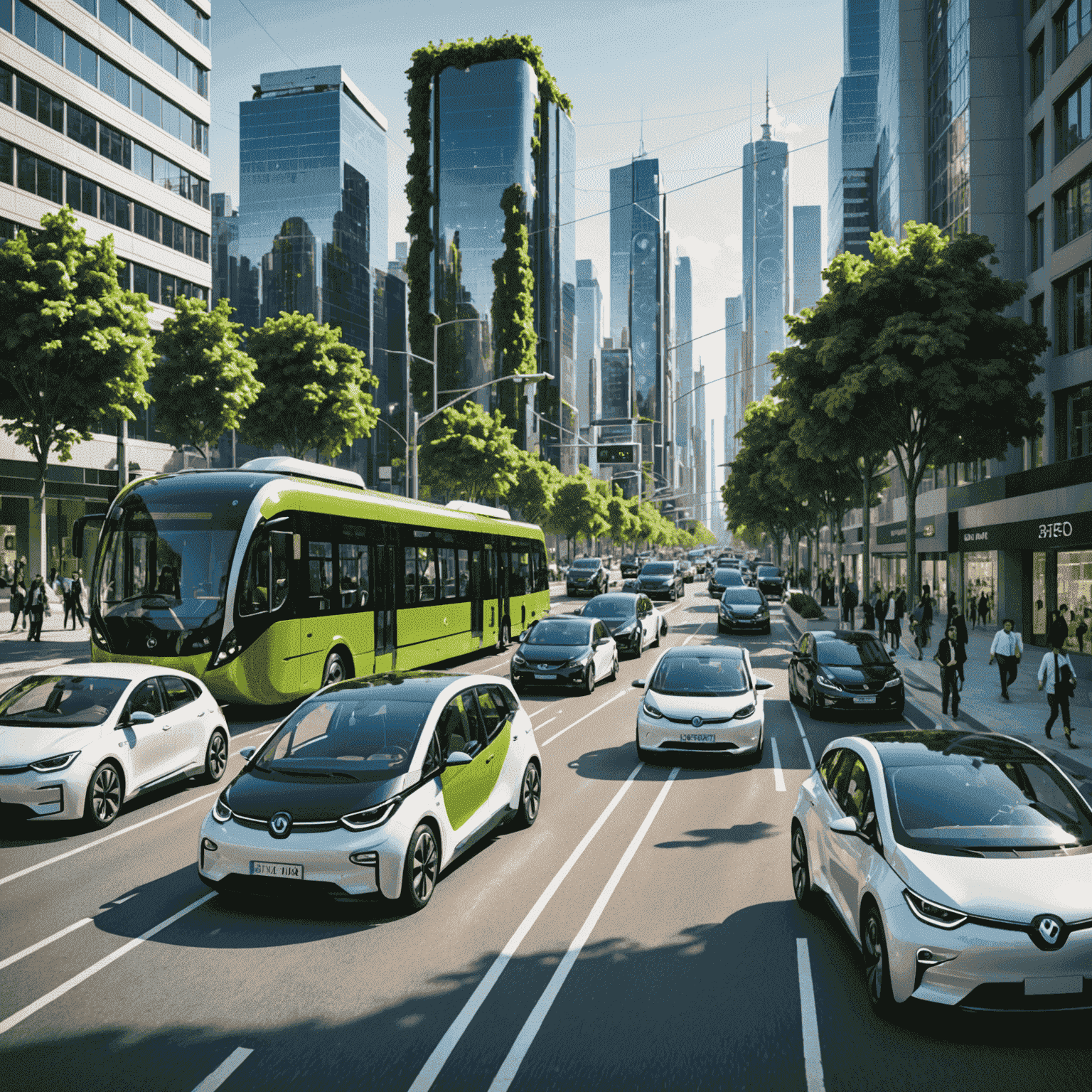 Futuristische stadsscène met elektrische auto's, bussen en fietsen die naadloos integreren met groene architectuur en slimme energiesystemen