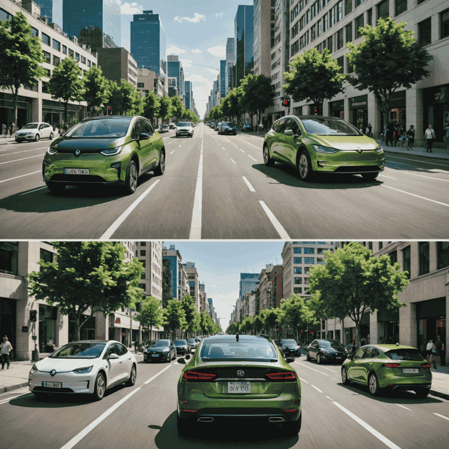 Split-screen afbeelding: aan de ene kant een schone, groene stad met elektrische voertuigen, aan de andere kant een vervuilde stad met traditionele auto's.